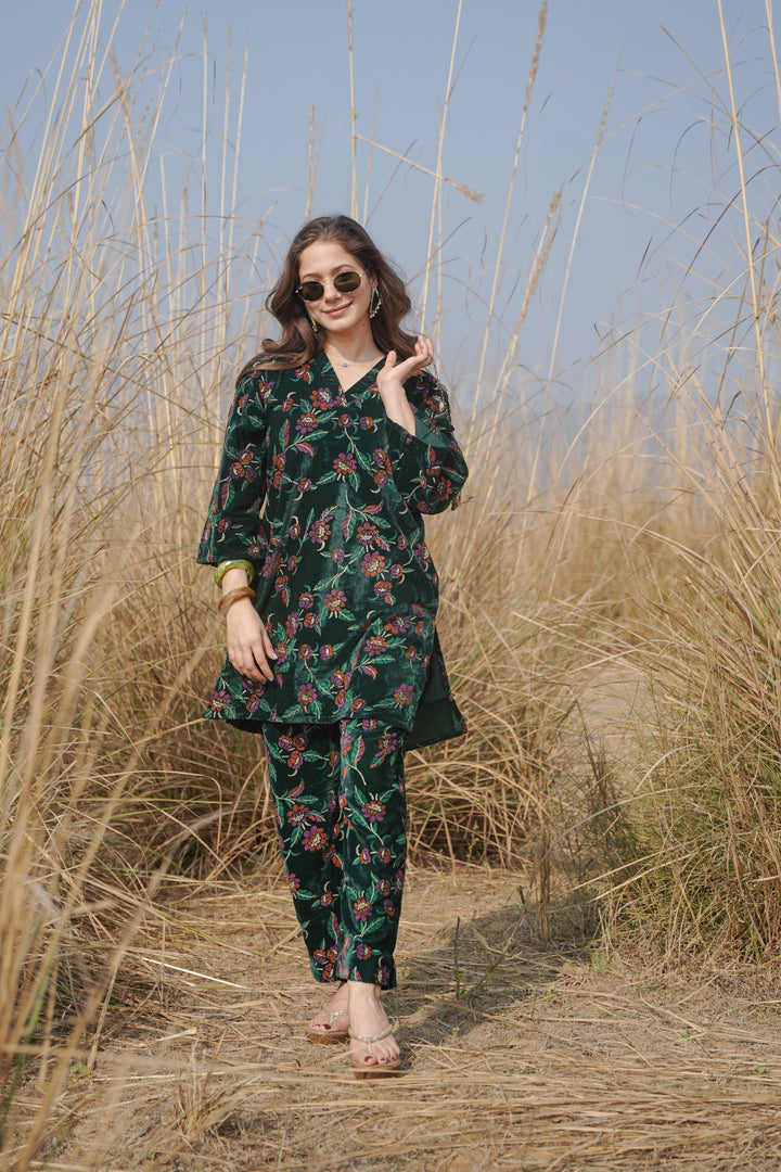 Bottle Green Printed Velvet Co-ord Set