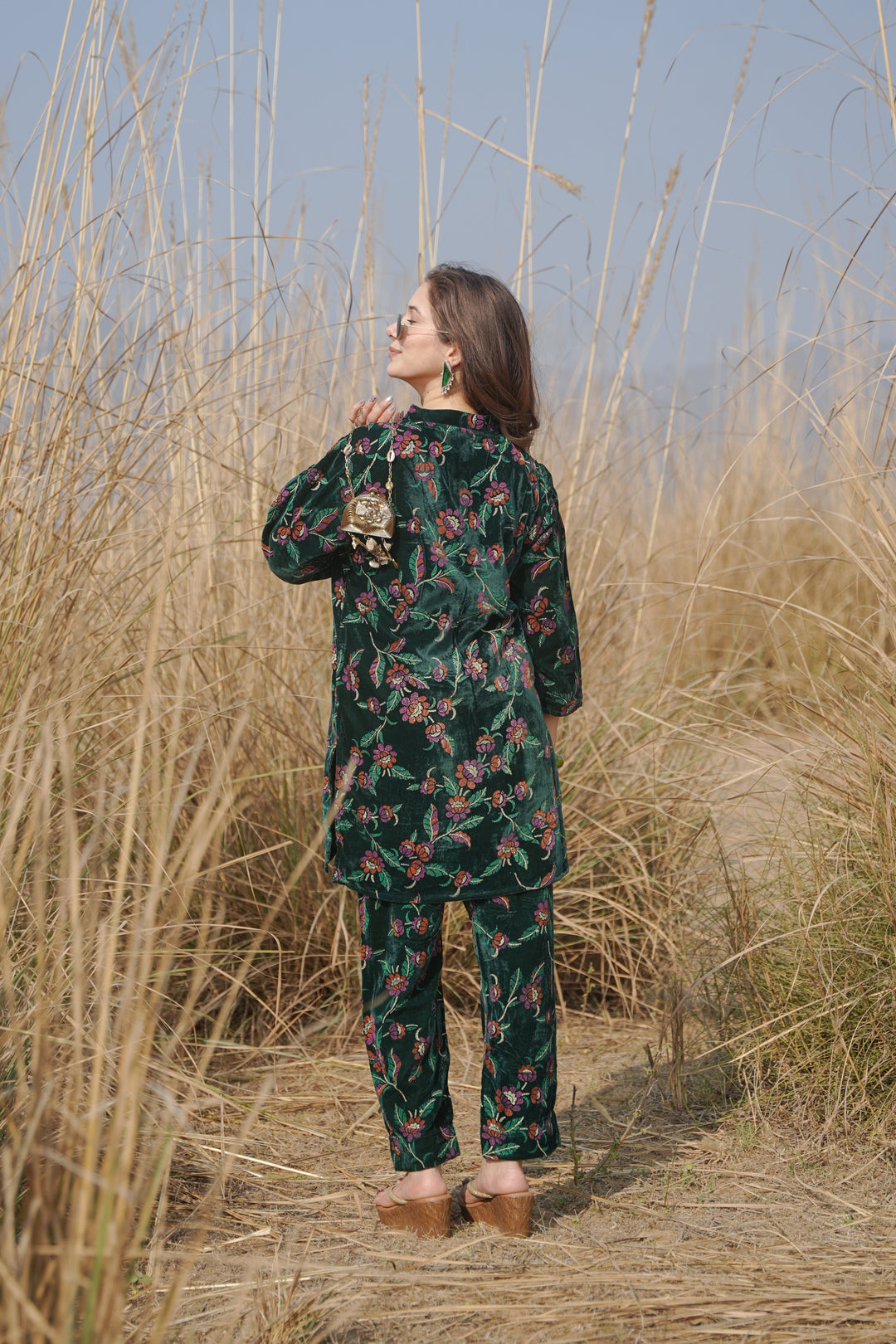 Bottle Green Printed Velvet Co-ord Set