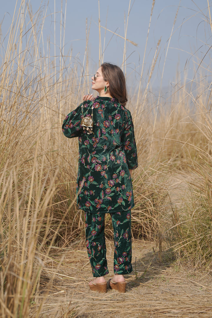 Bottle Green Printed Velvet Co-ord Set