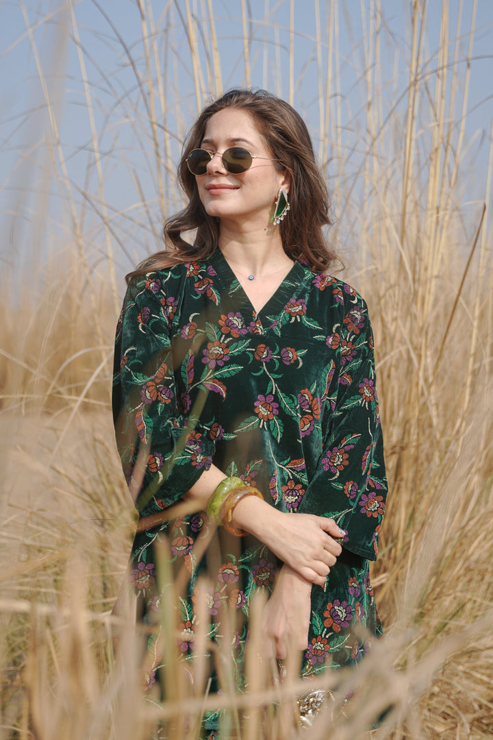 Bottle Green Printed Velvet Co-ord Set