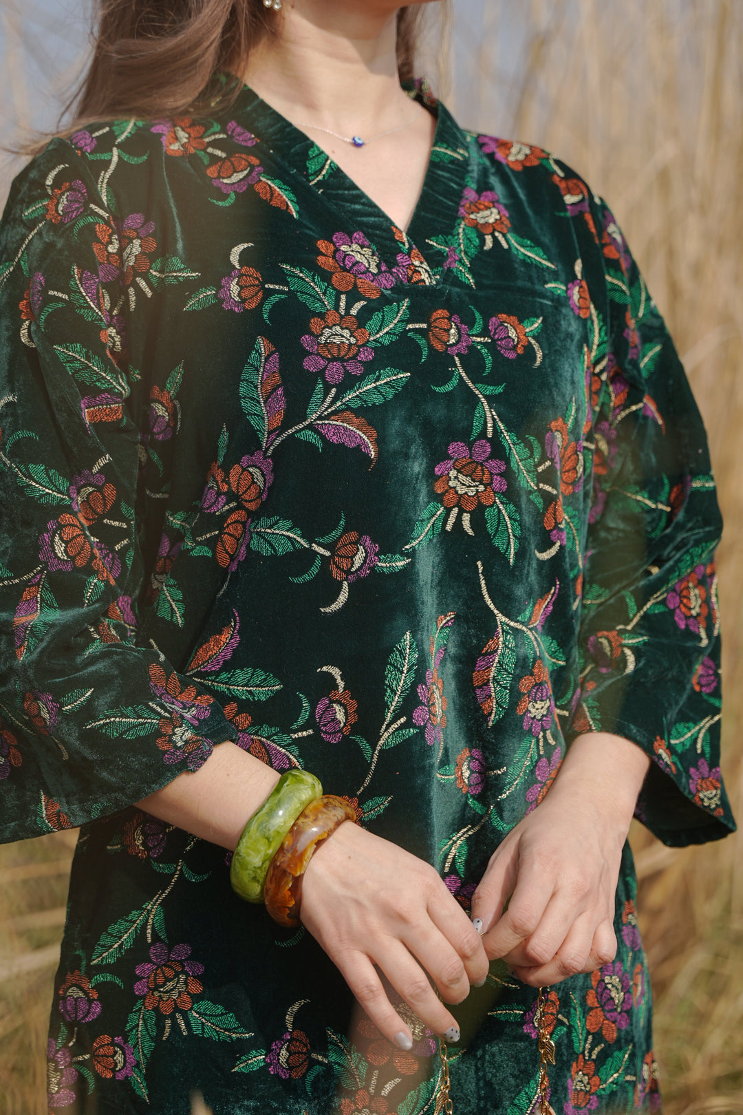 Bottle Green Printed Velvet Co-ord Set