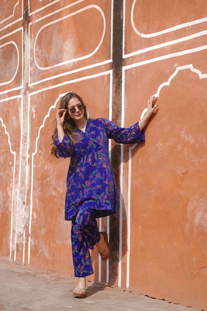 Blue Green Printed Velvet Co-ord Set