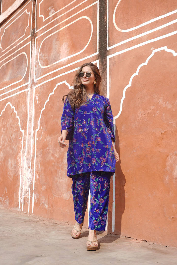 Blue Green Printed Velvet Co-ord Set