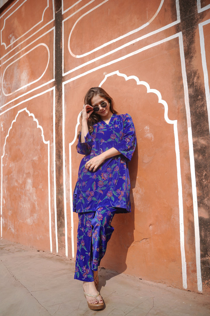 Blue Green Printed Velvet Co-ord Set