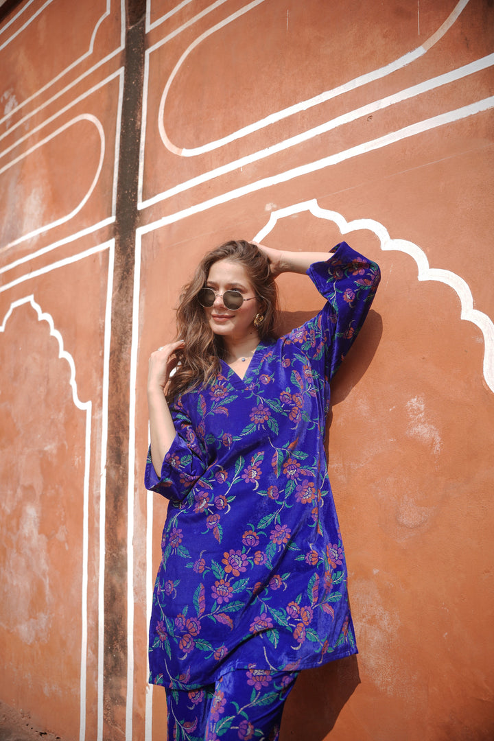 Blue Green Printed Velvet Co-ord Set