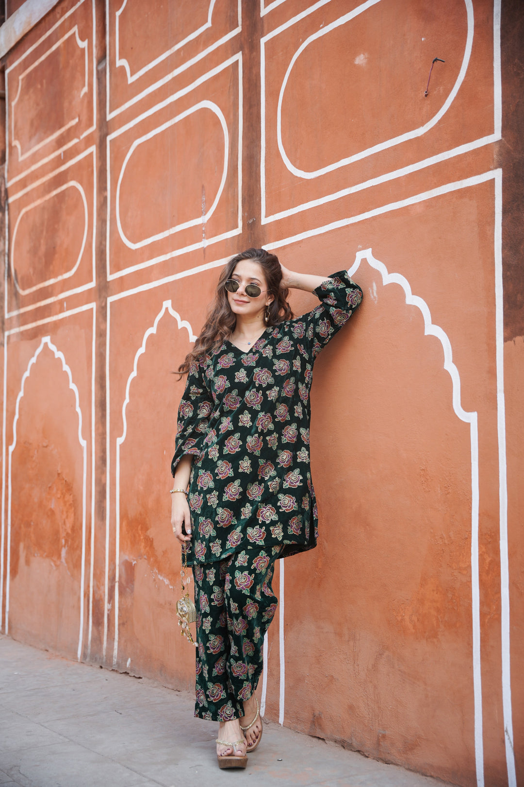 Green Foil Printed Velvet Co-ord Set