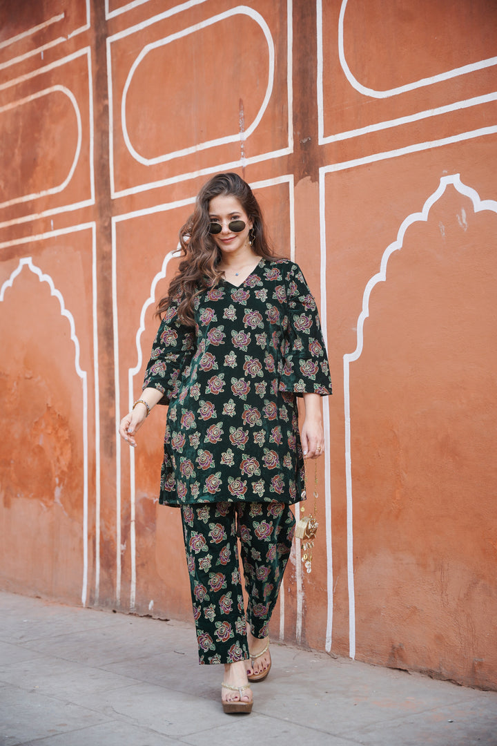 Green Foil Printed Velvet Co-ord Set