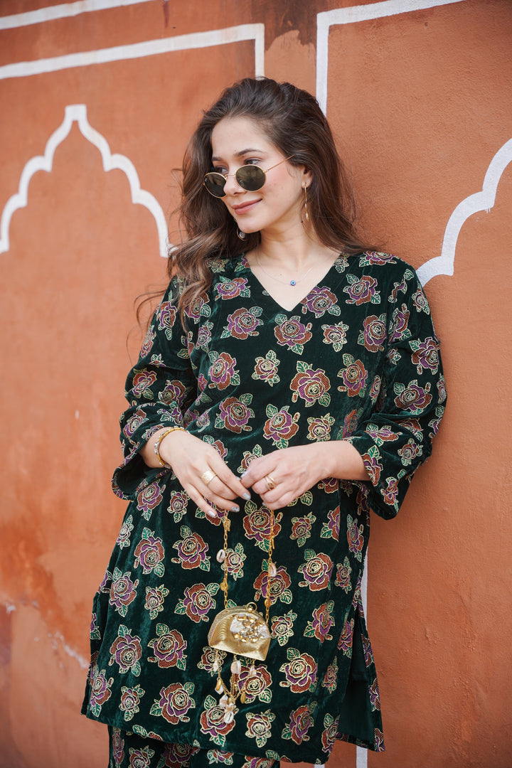 Green Foil Printed Velvet Co-ord Set