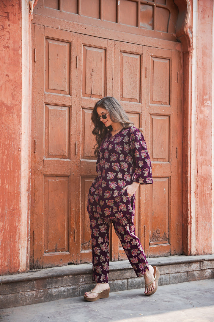 Wine Foil Printed Velvet Co-ord Set