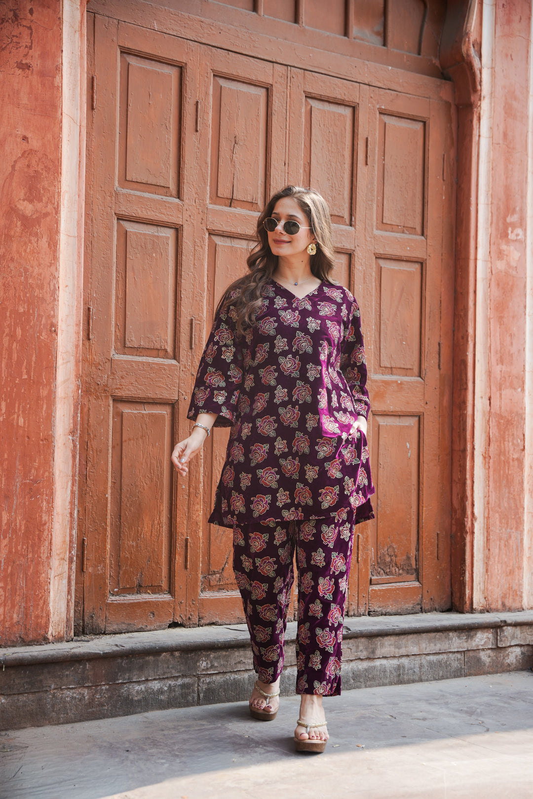 Wine Foil Printed Velvet Co-ord Set