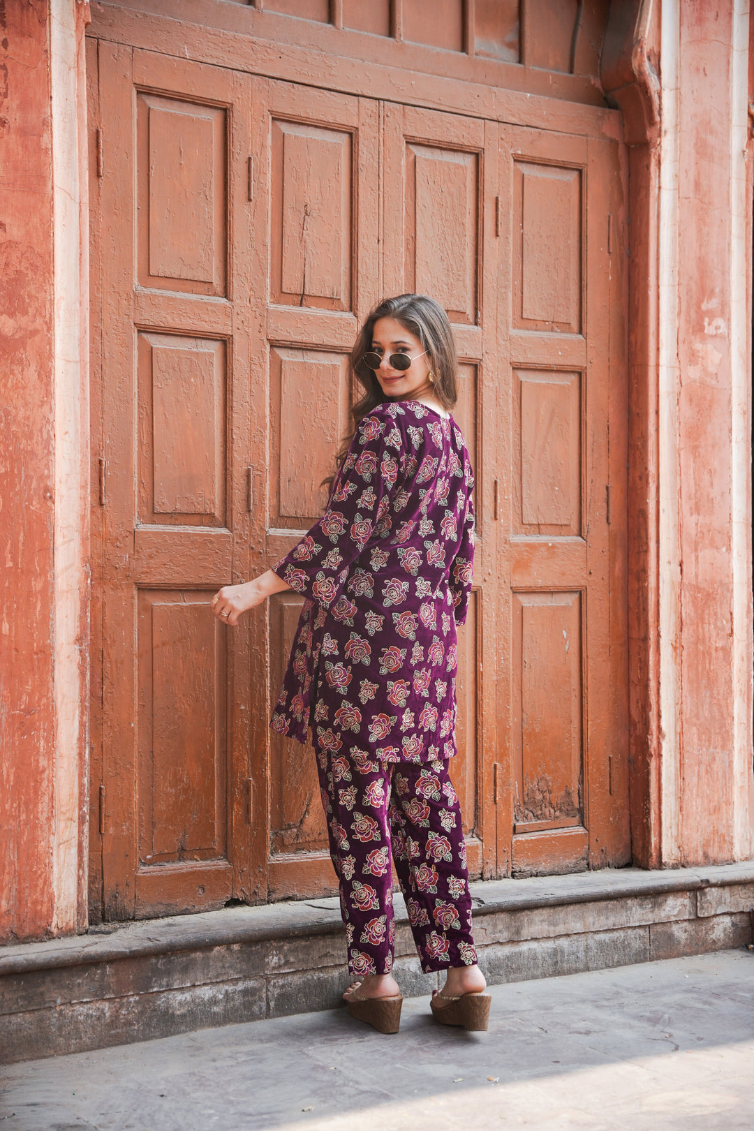 Wine Foil Printed Velvet Co-ord Set