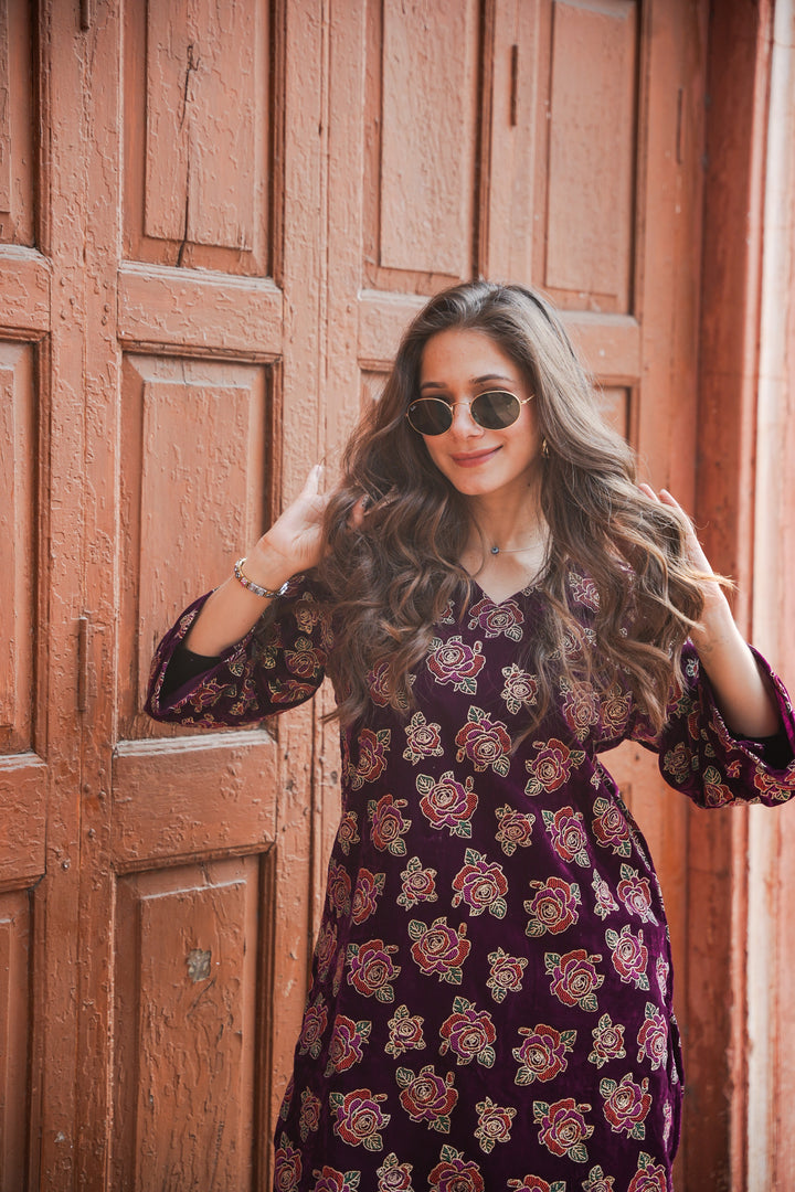 Wine Foil Printed Velvet Co-ord Set