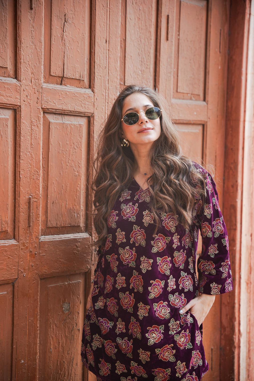 Wine Foil Printed Velvet Co-ord Set