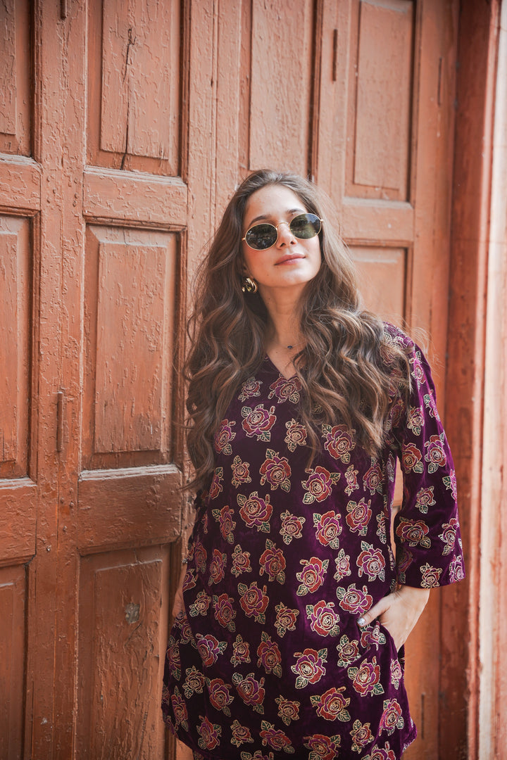 Wine Foil Printed Velvet Co-ord Set