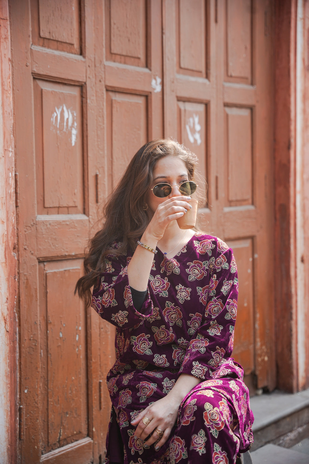 Wine Foil Printed Velvet Co-ord Set