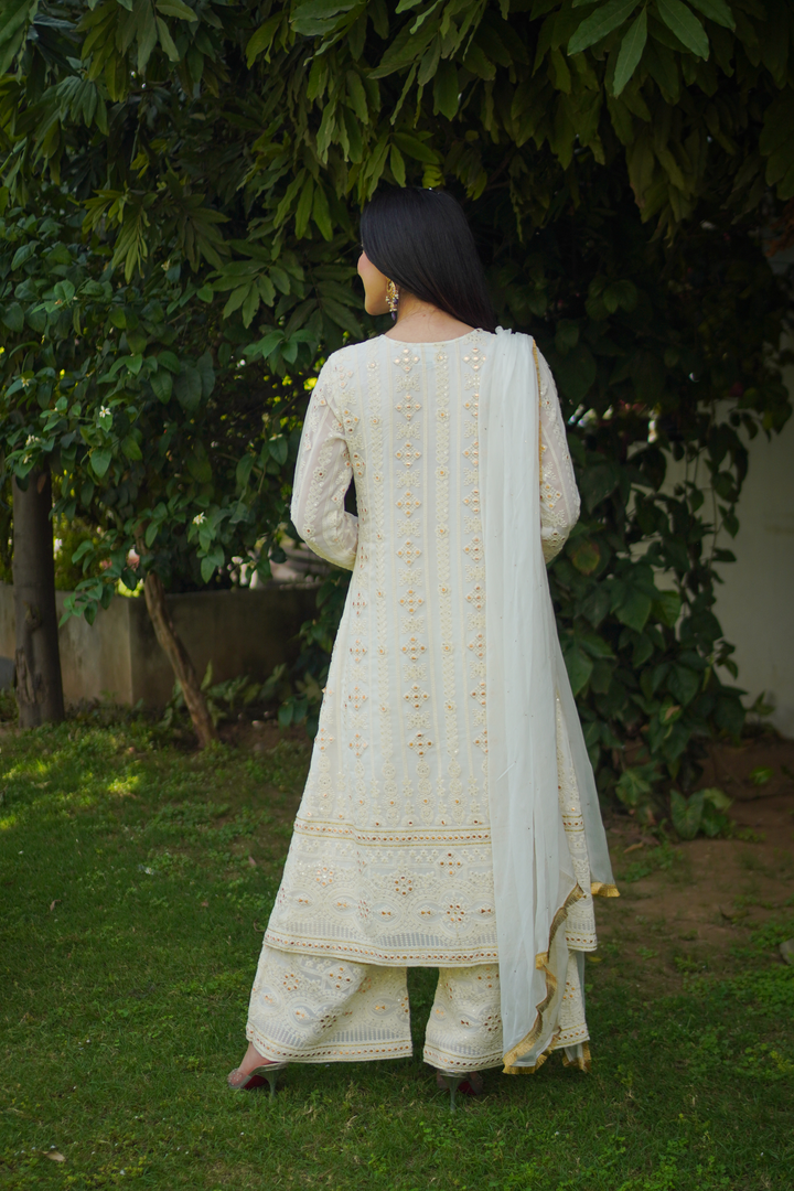 White A-line Chikankari Set