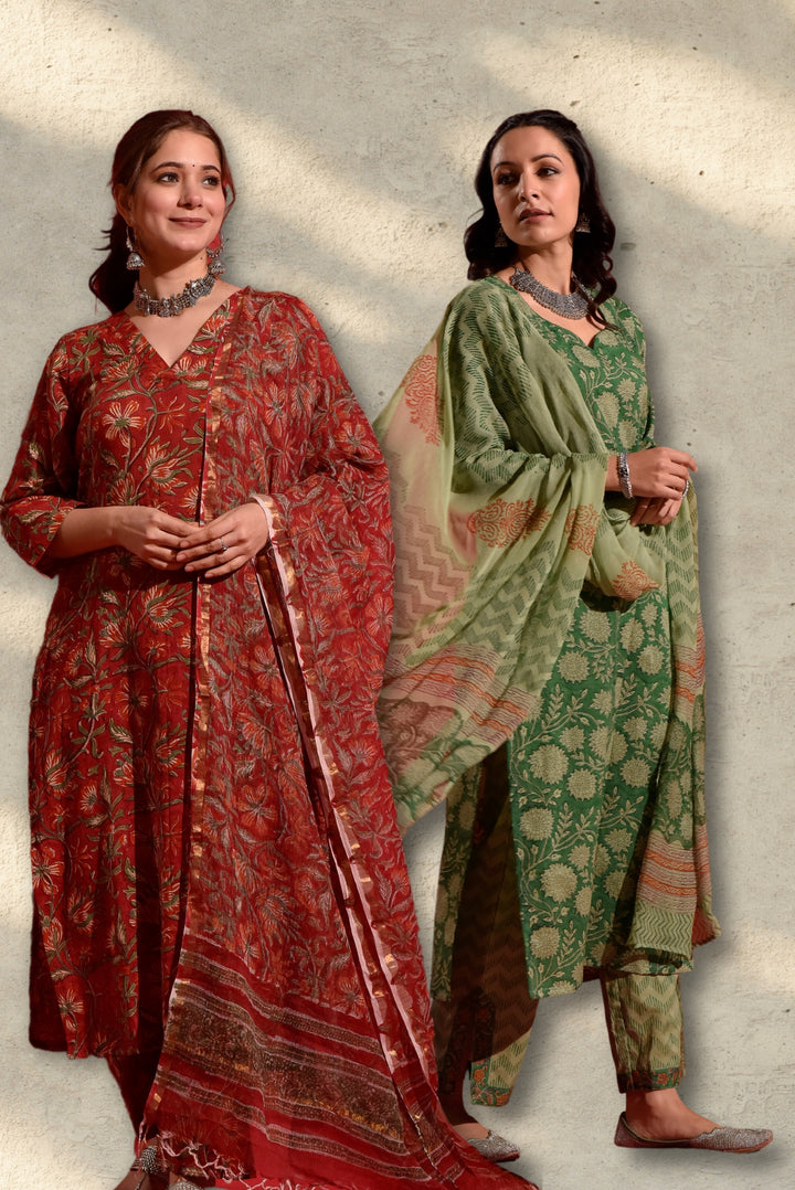 Combo - Red Kalamkari Suit Set & Dazzle Green Cotton Set