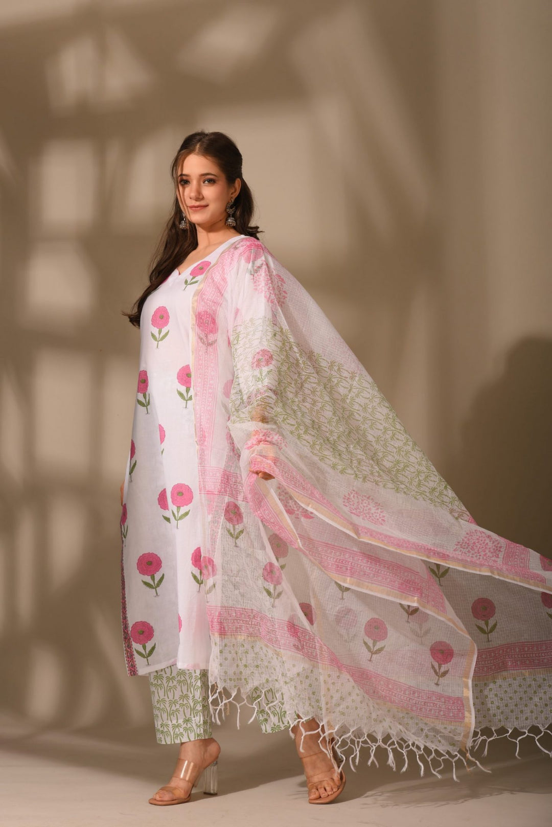 kota cotton dress materials online Cadet blue hand block printed cotton dress fabric online with kota doria dupatta