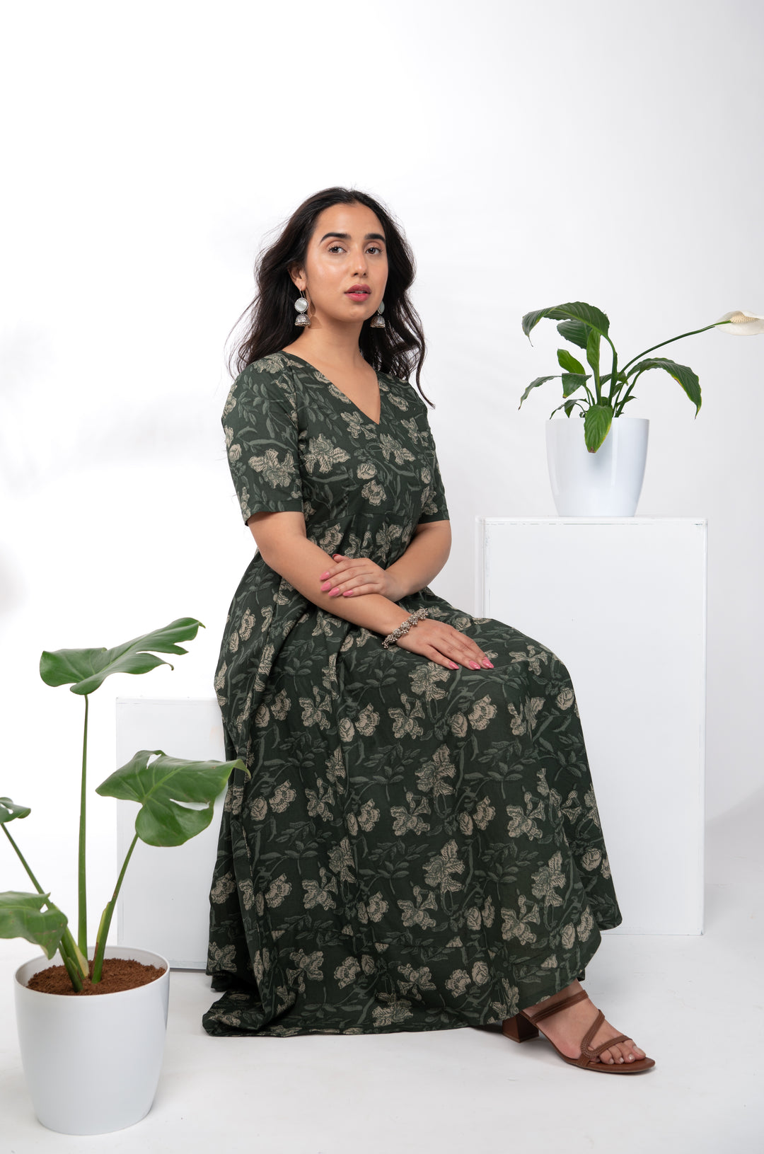 olive green cotton dress Women's Summer Dress Olive Green, Muslin Dress Midi, Casual Cottagecore Dress, Short sleeve cotton Dress, Every Day Dress