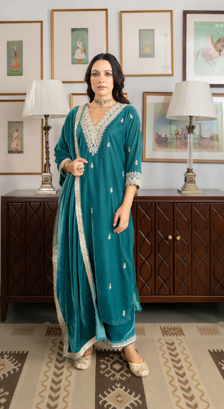 Turquoise Gota Zardozi Velvet Suit Set