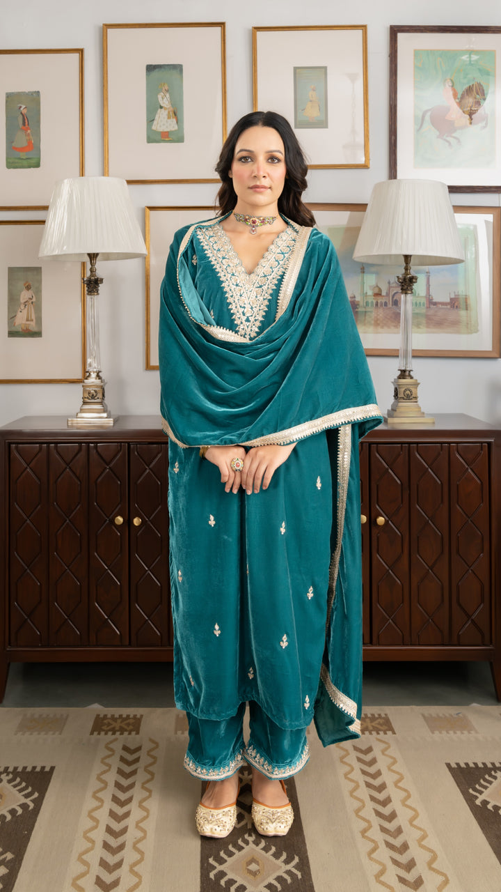 Turquoise Gota Zardozi Velvet Suit Set