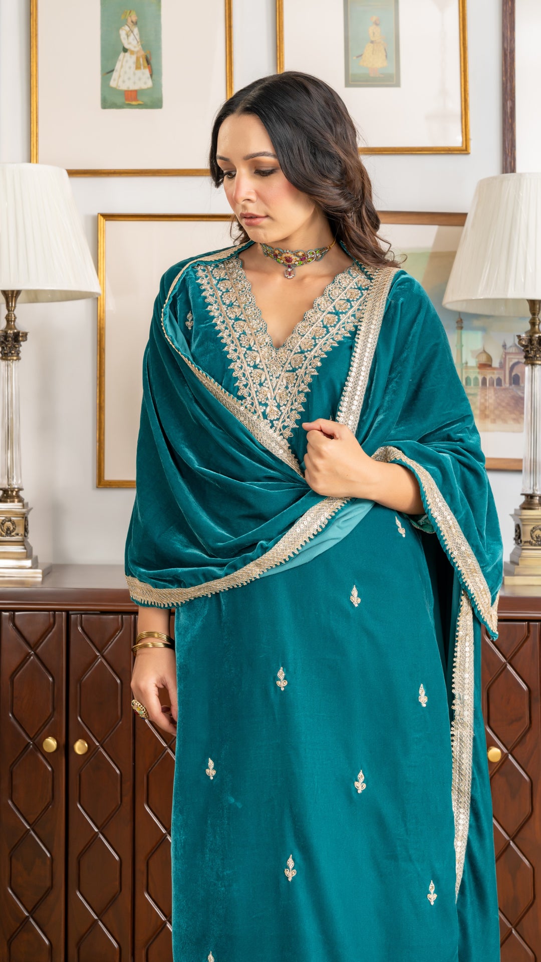 Turquoise Gota Zardozi Velvet Suit Set