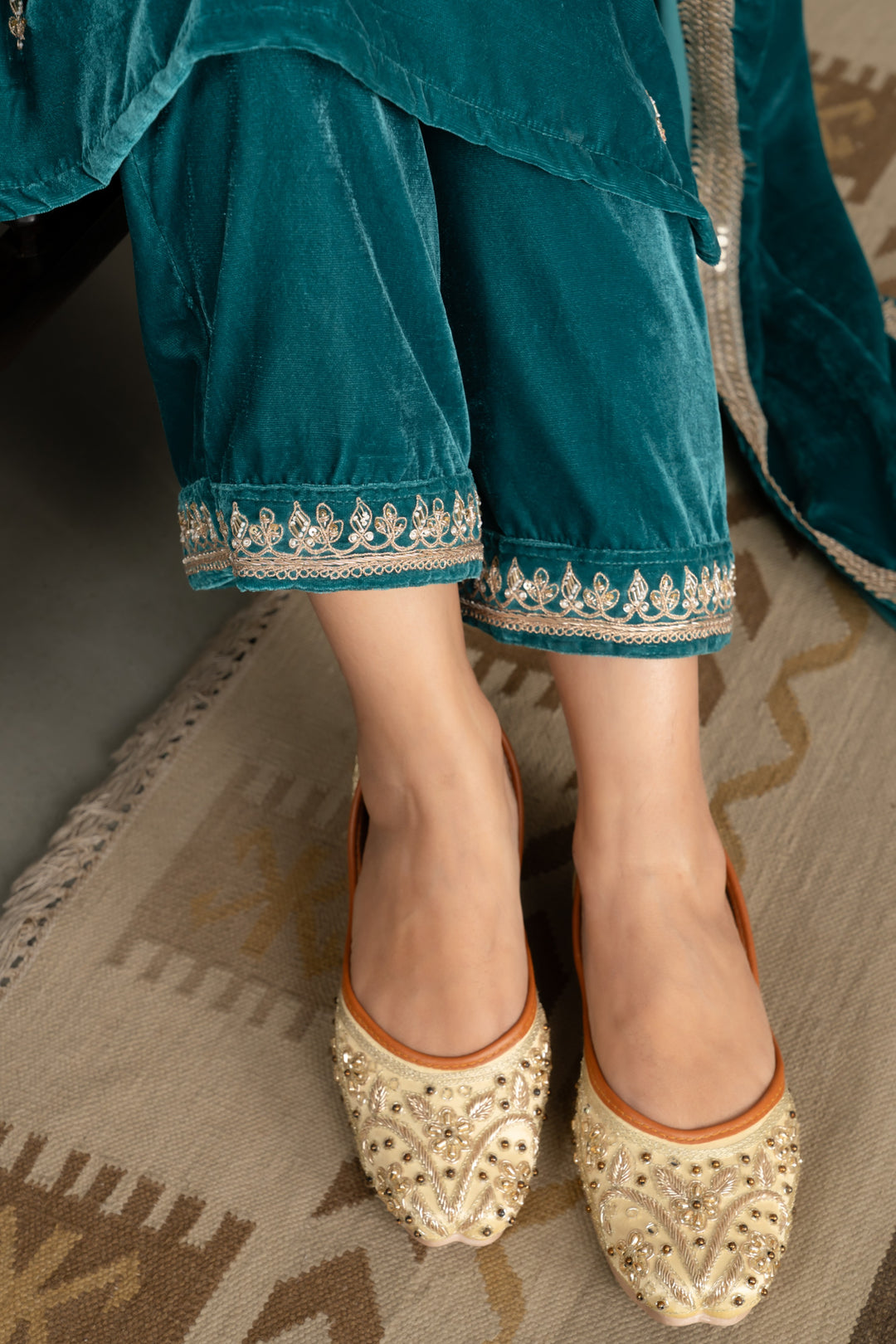 Turquoise Gota Zardozi Velvet Suit Set