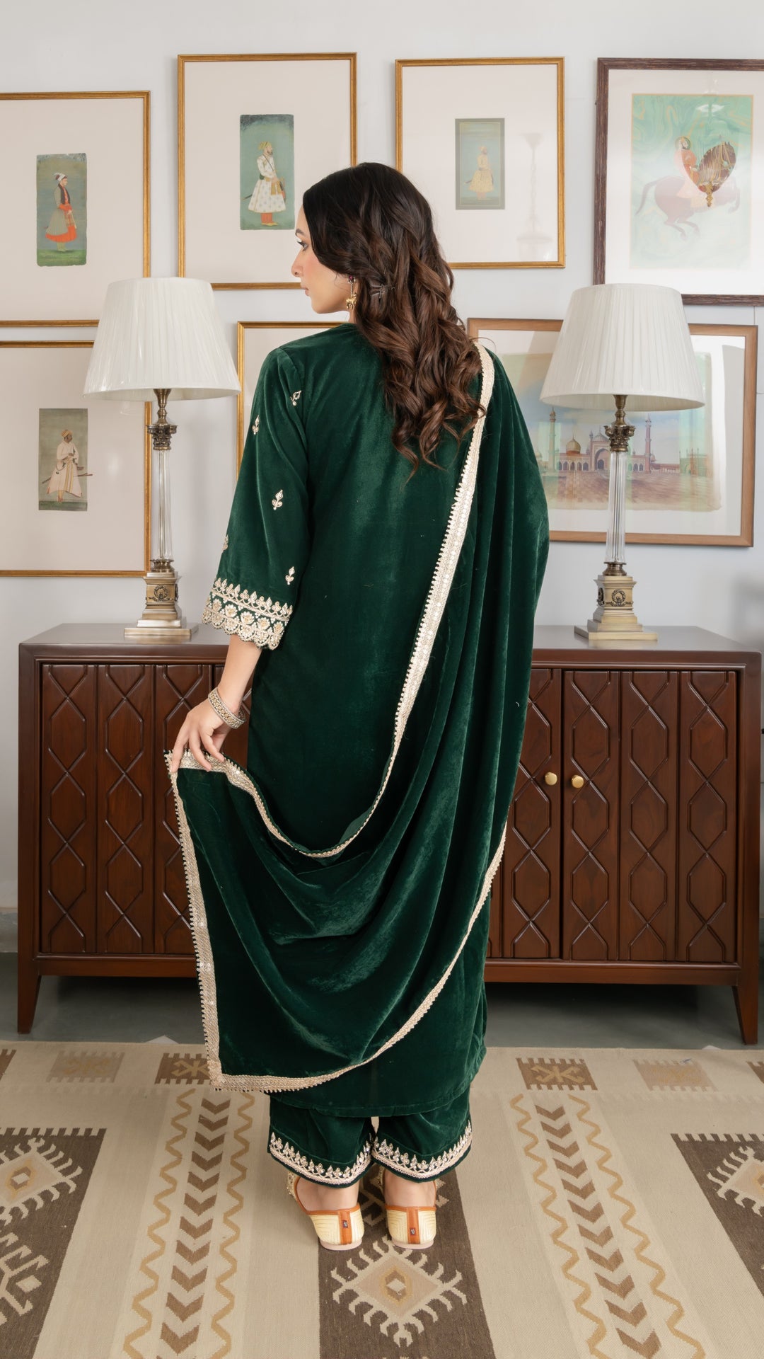 Bottle Green Gota Zardozi Velvet Suit Set