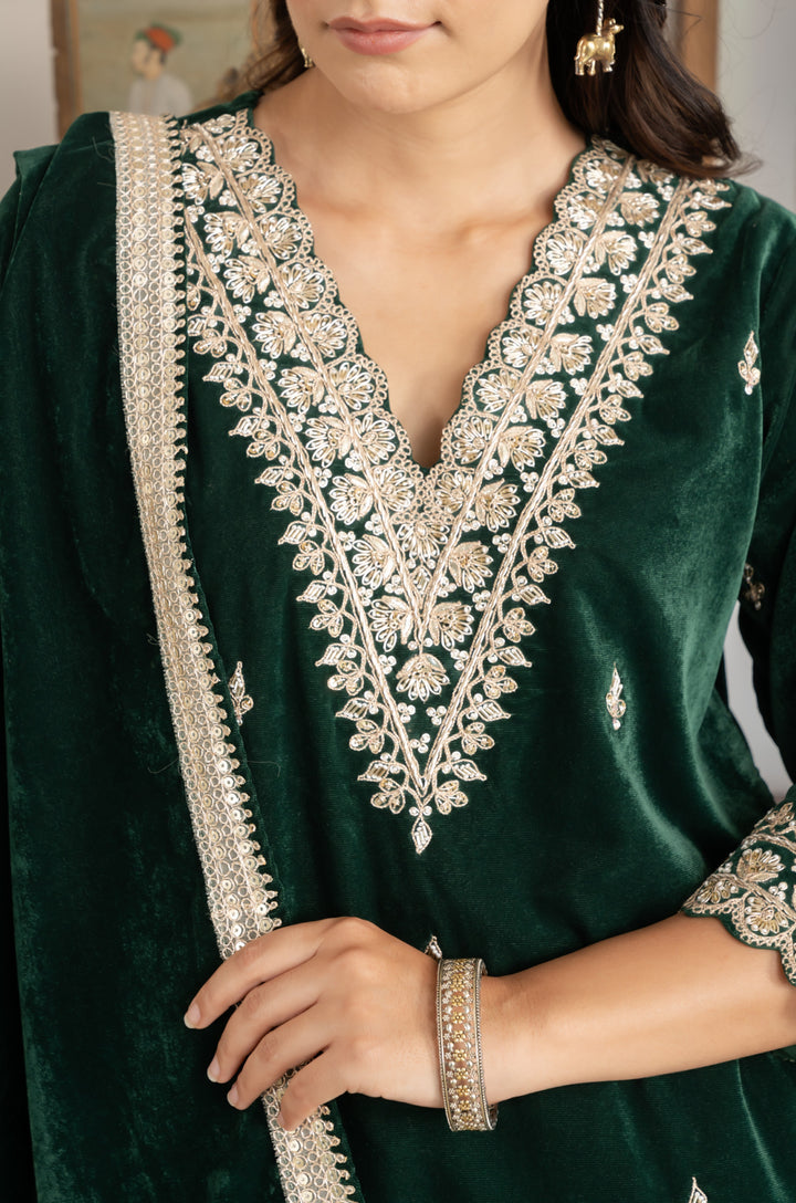 Bottle Green Gota Zardozi Velvet Suit Set