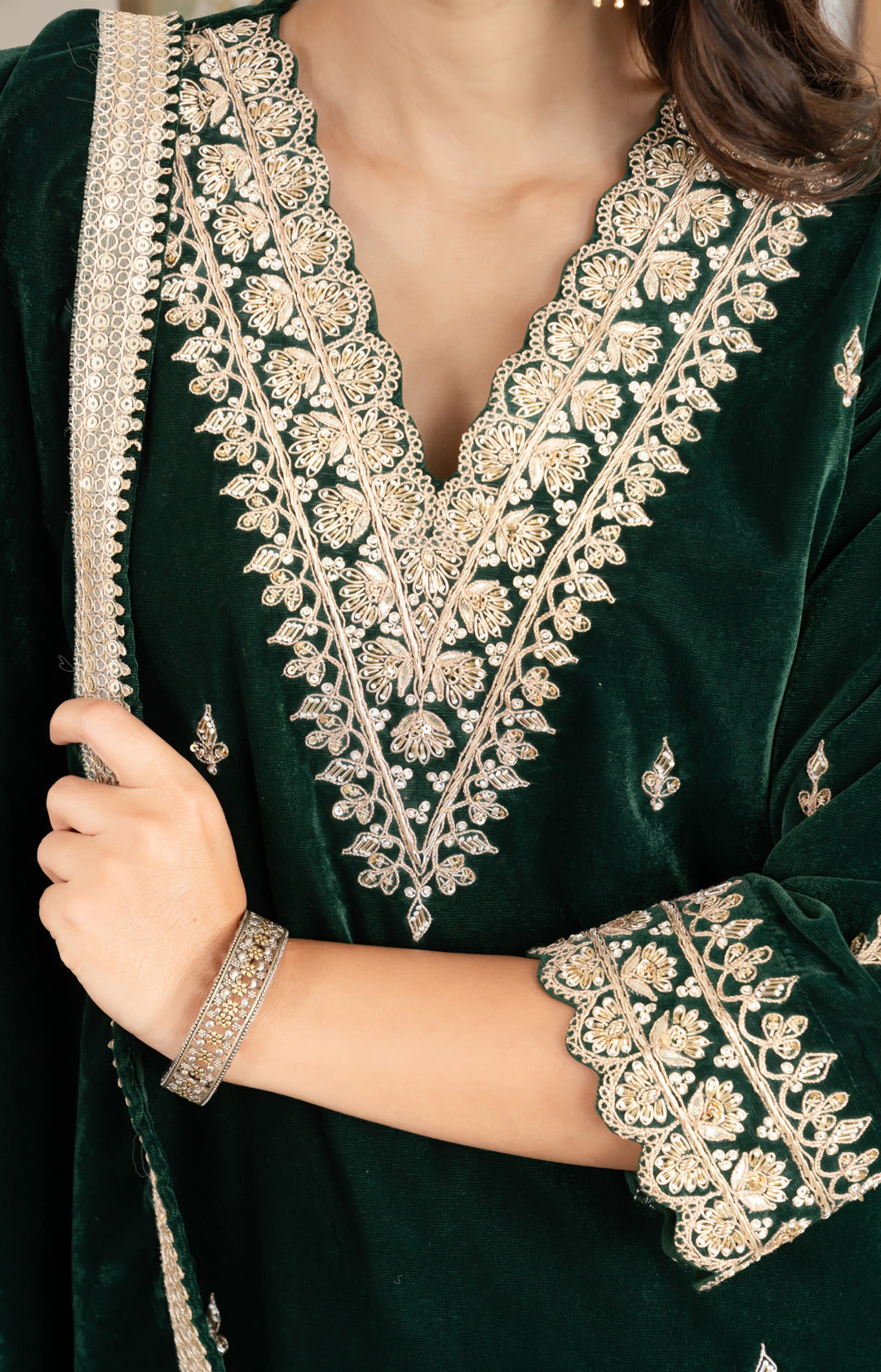 Bottle Green Gota Zardozi Velvet Suit Set