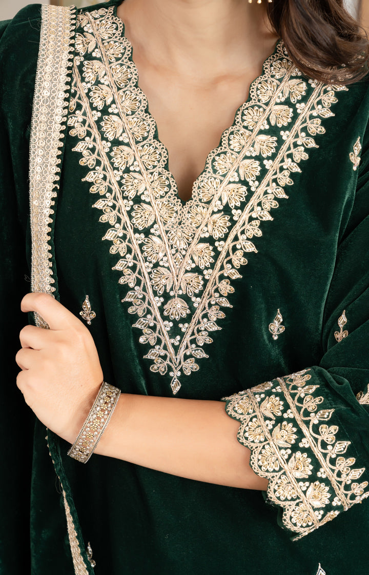 Bottle Green Gota Zardozi Velvet Suit Set