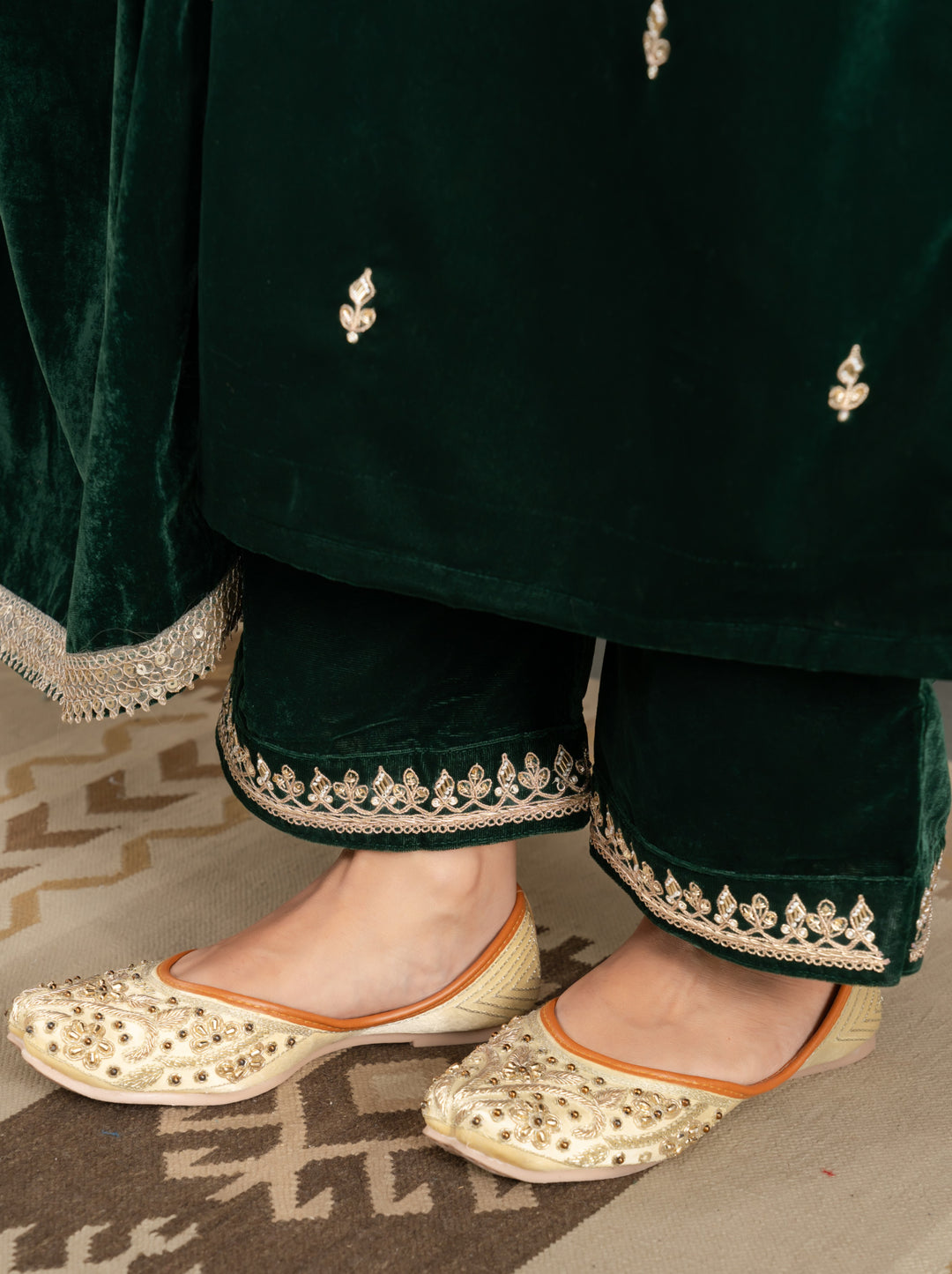 Bottle Green Gota Zardozi Velvet Suit Set