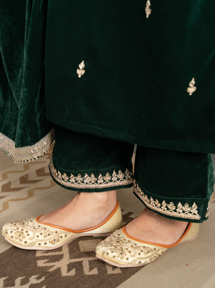Bottle Green Gota Zardozi Velvet Suit Set