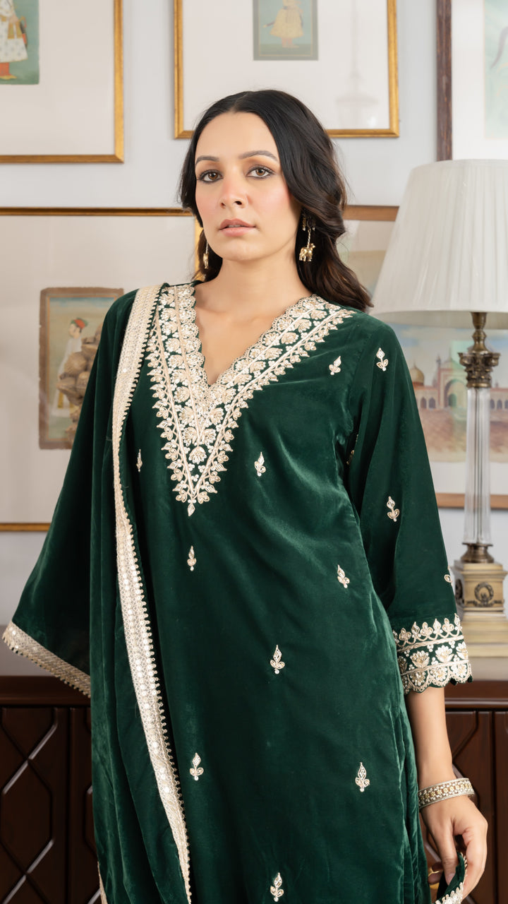 Bottle Green Gota Zardozi Velvet Suit Set