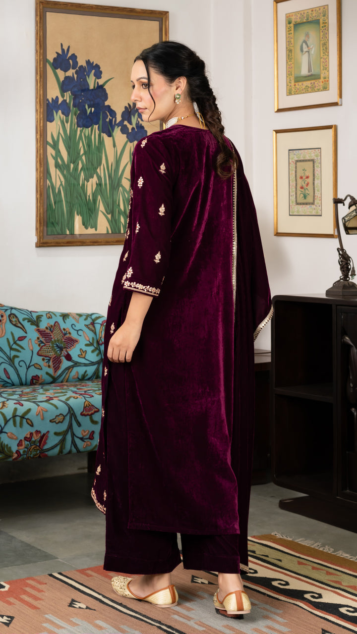 Ahilyaa Wine Velvet Suit Set