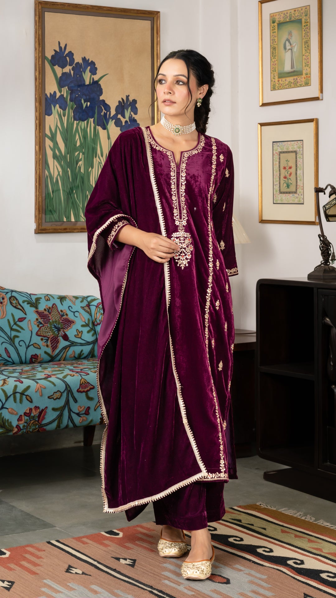 Ahilyaa Wine Velvet Suit Set