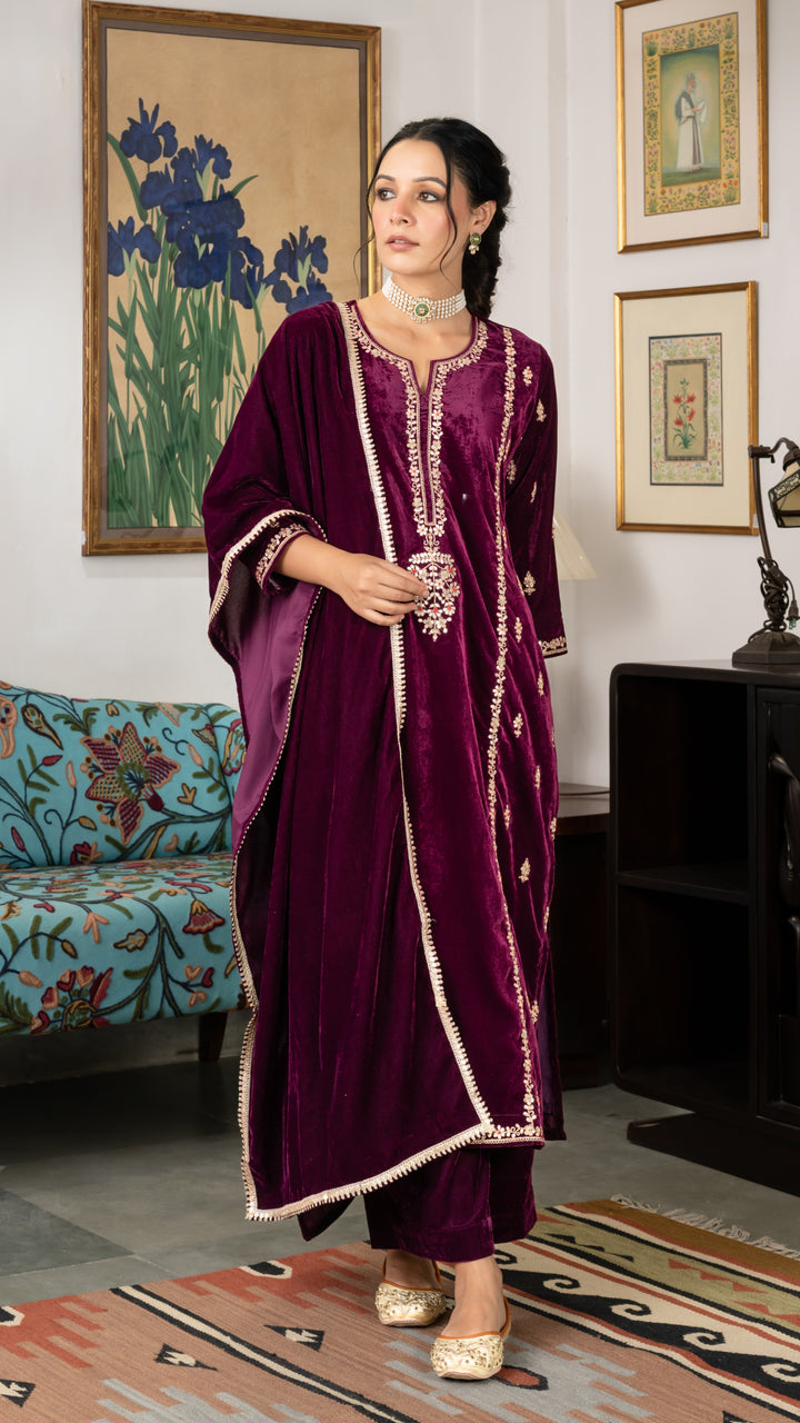 Ahilyaa Wine Velvet Suit Set