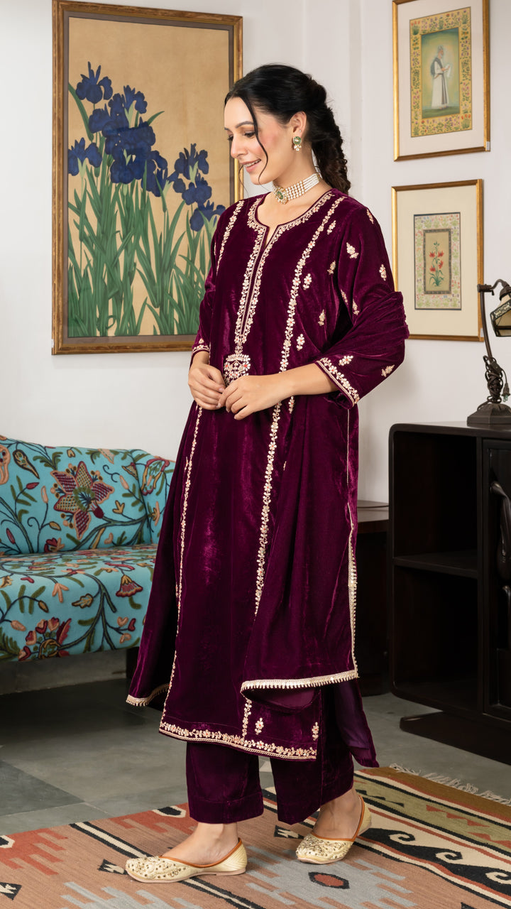 Ahilyaa Wine Velvet Suit Set