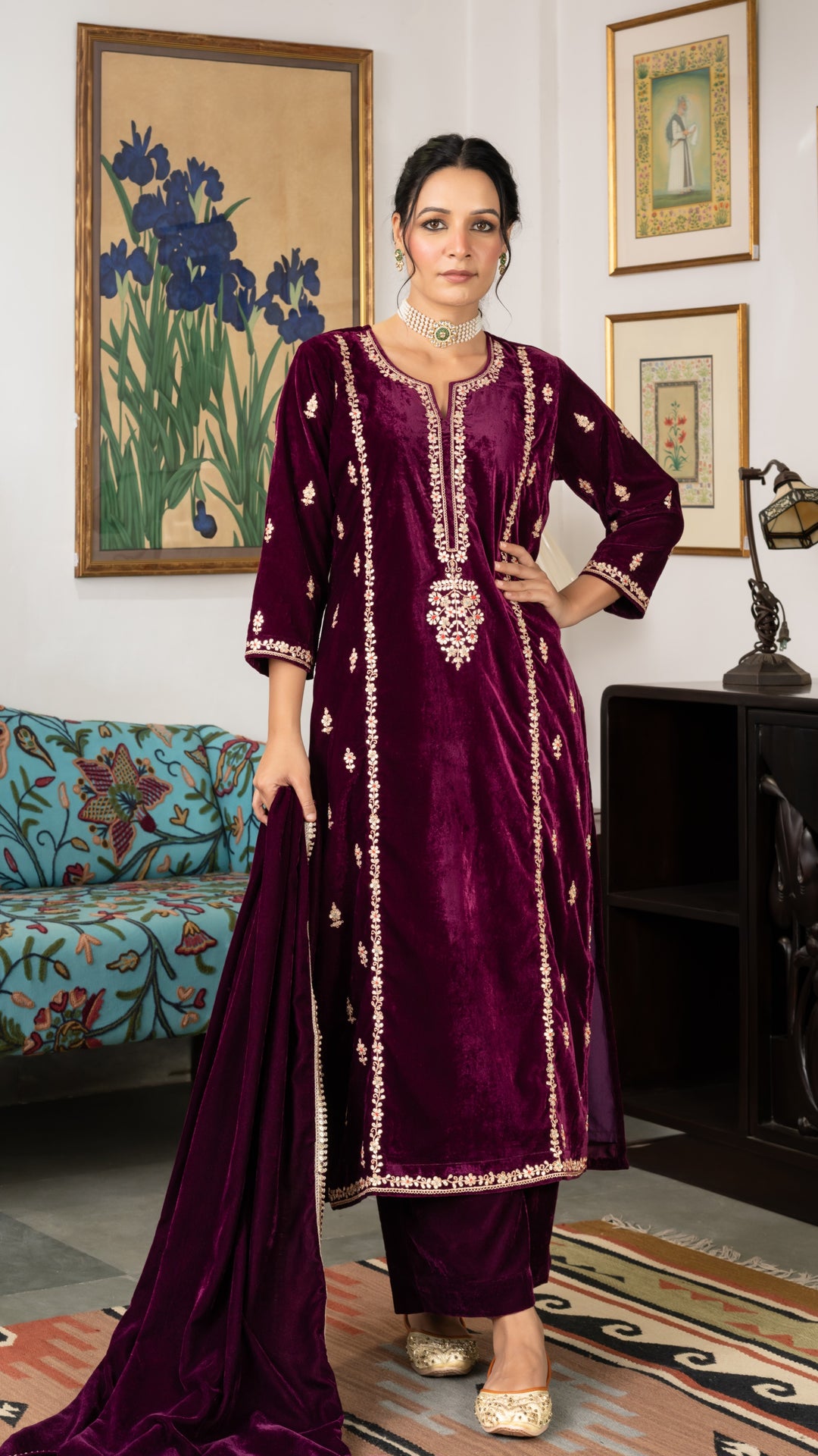Ahilyaa Wine Velvet Suit Set
