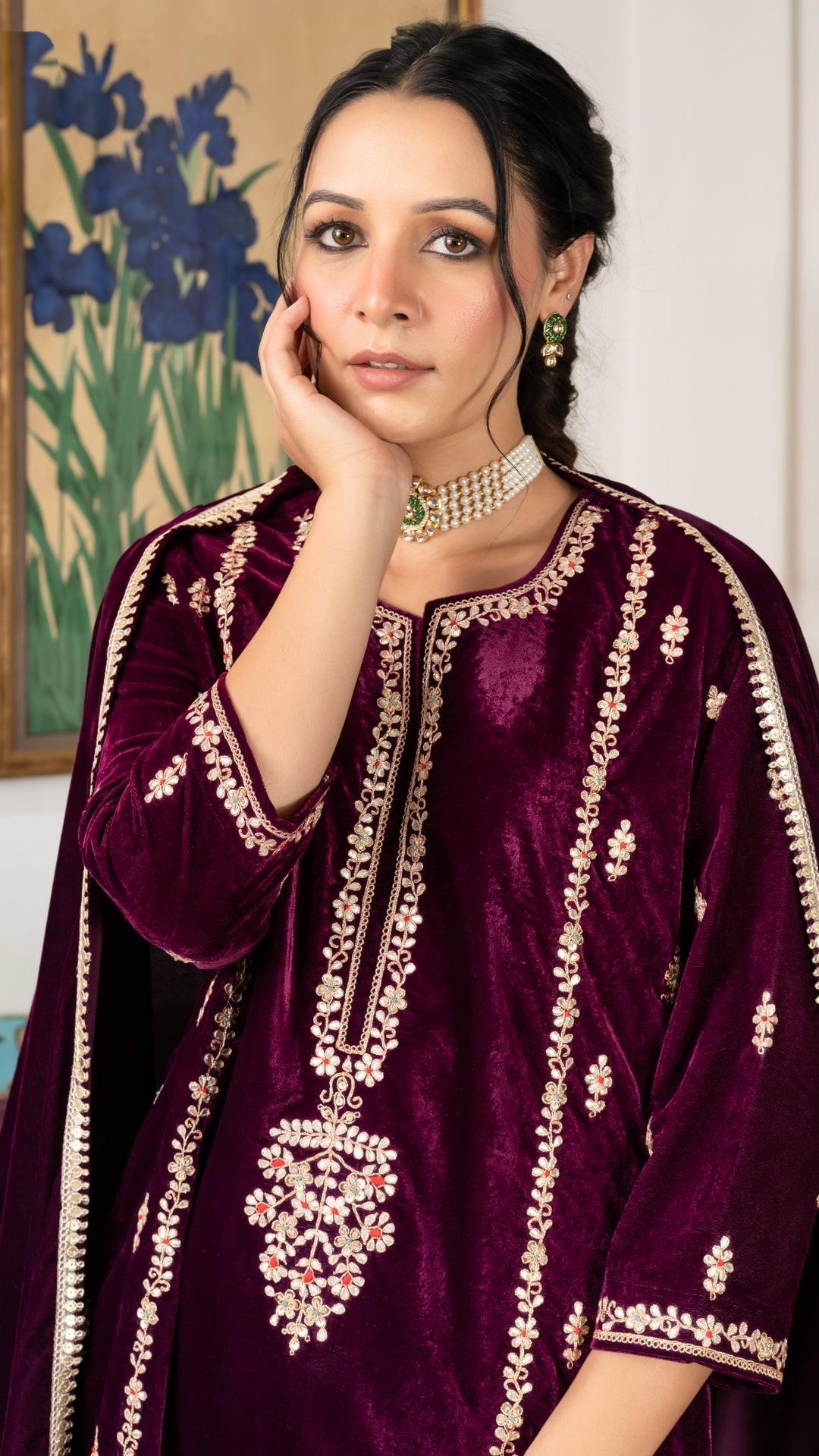 Ahilyaa Wine Velvet Suit Set
