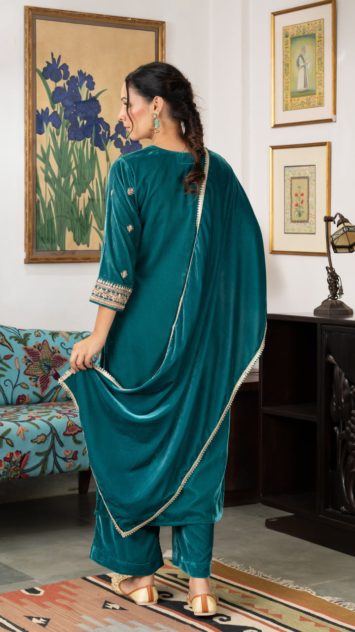 Hannah Turquoise Velvet Suit Set