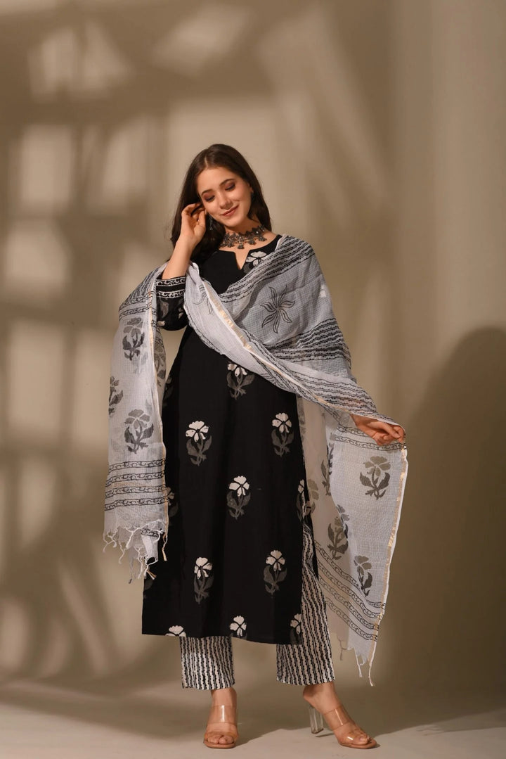 Unstitched - Black Handblock Suit Set