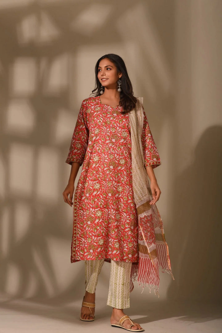 Unstitched - Carrot Red Suit Set