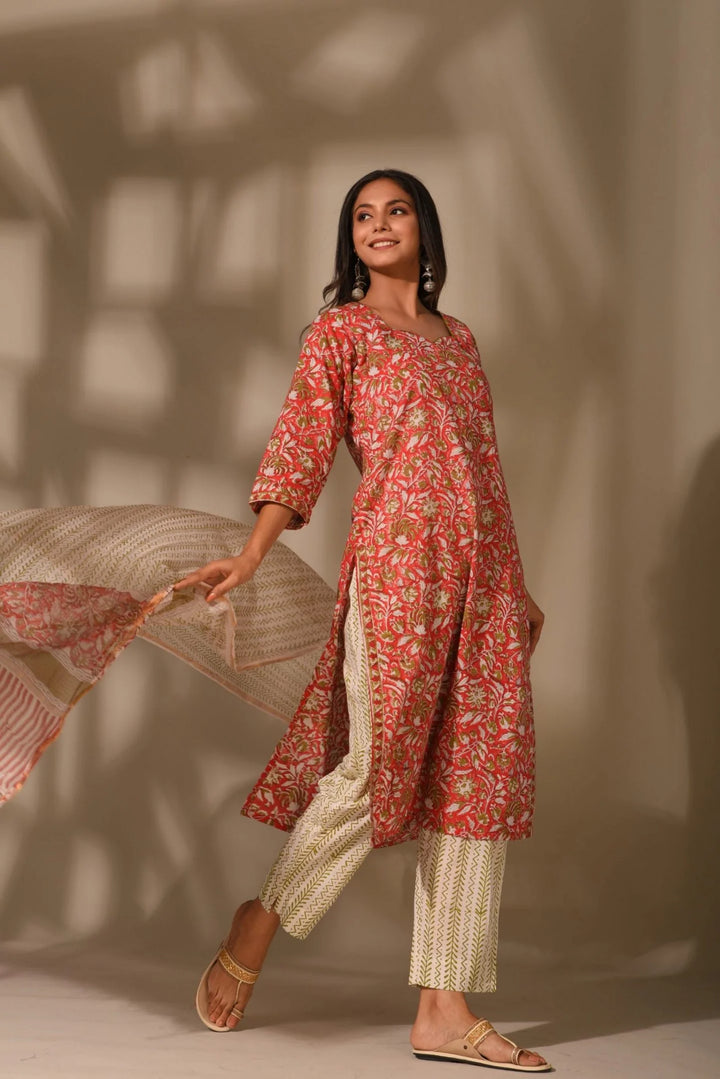 Unstitched - Carrot Red Suit Set