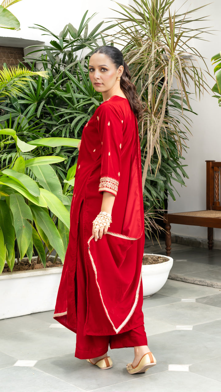 Zainab Red Velvet Marodi Suit Set