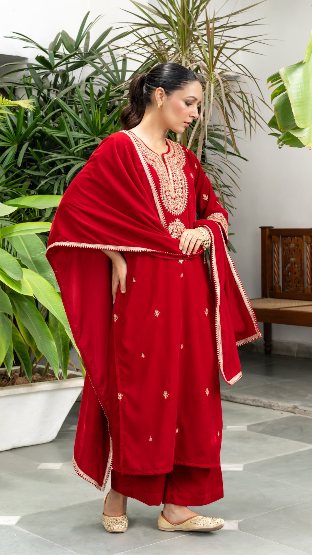 Zainab Red Velvet Marodi Suit Set