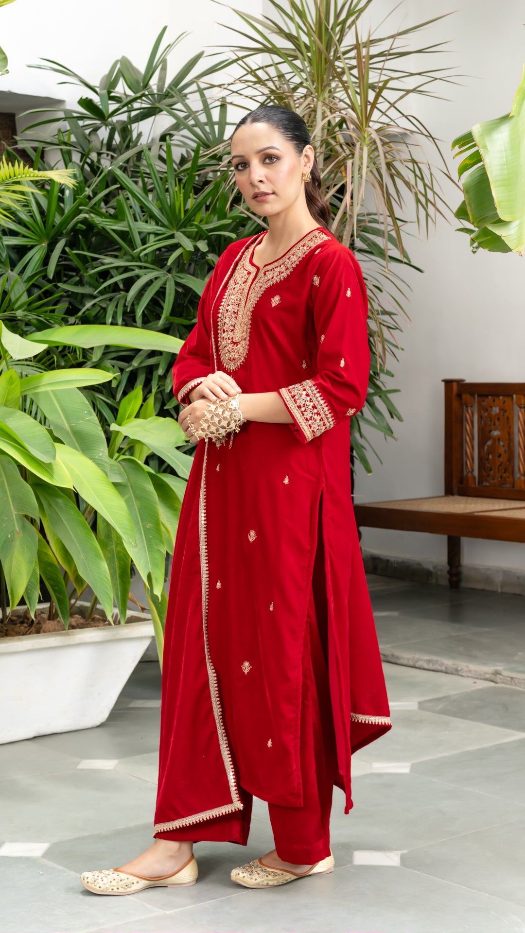 Zainab Red Velvet Marodi Suit Set