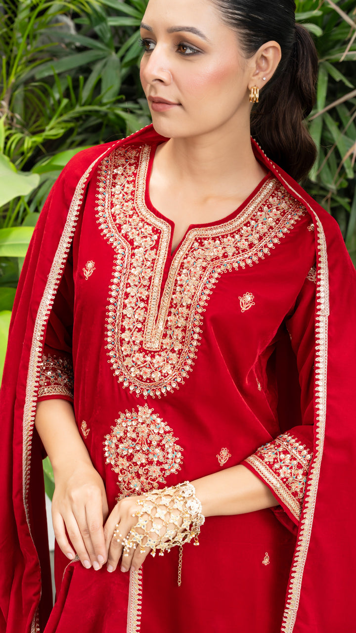 Zainab Red Velvet Marodi Suit Set