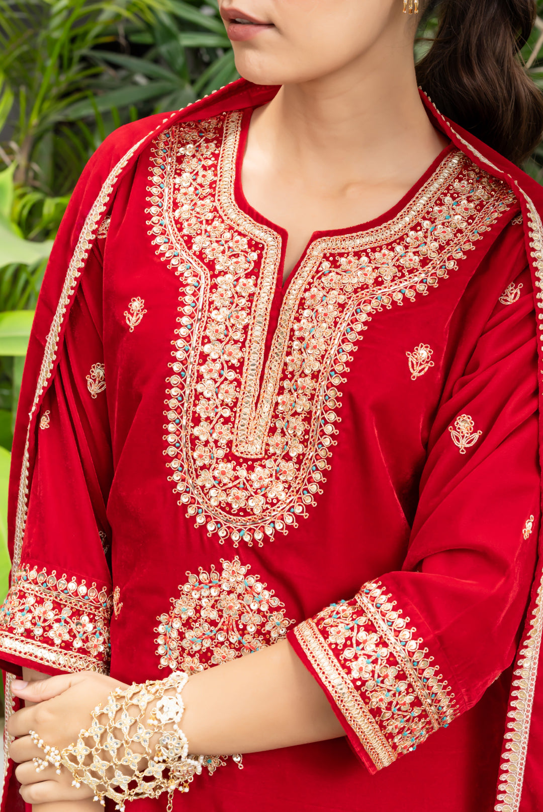 Zainab Red Velvet Marodi Suit Set