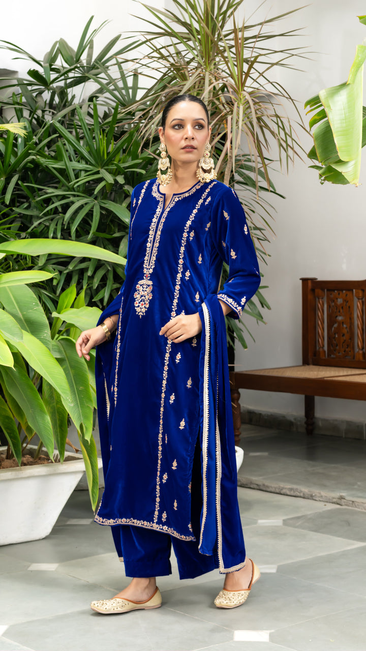 Imara Blue Velvet Marodi Suit Set